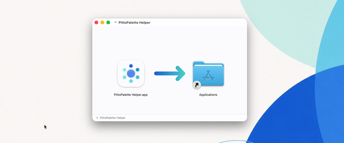 The downloaded disk image window, with PittoPalette Helper being dragged onto Applications.
