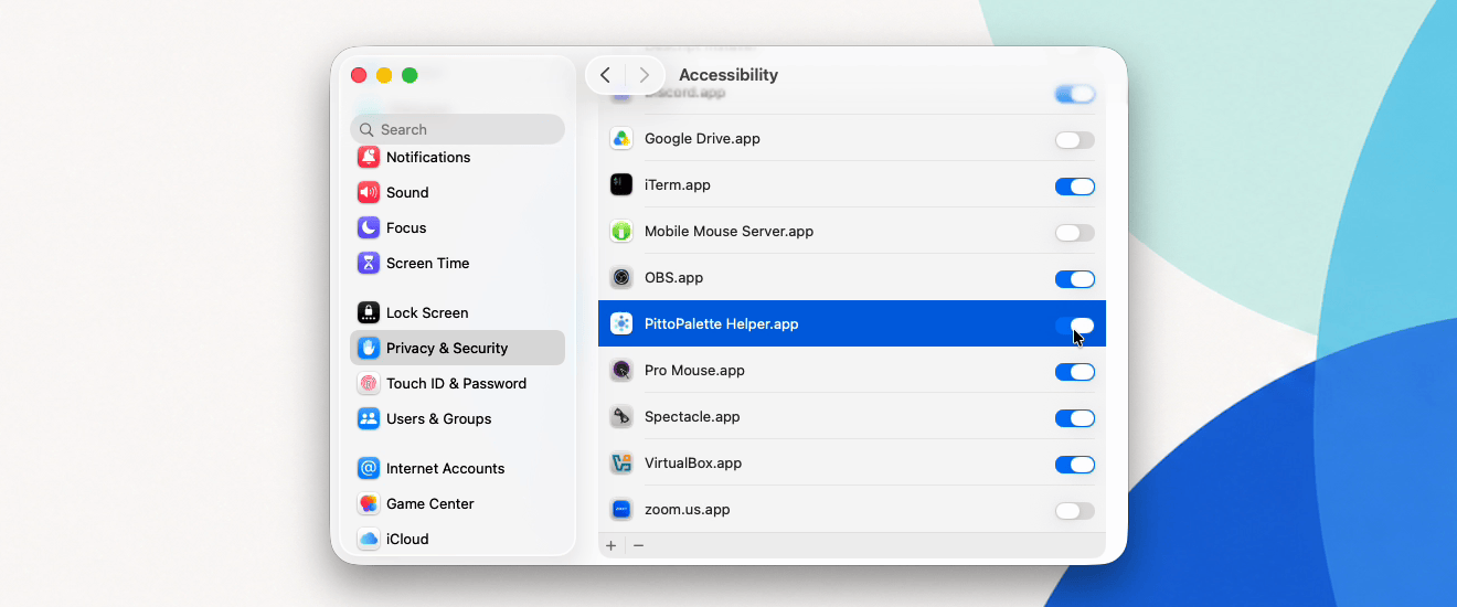 The Accessibility list in macOS System Settings with the switch for PittoPalette Helper.app turned on.