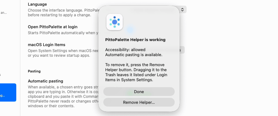 The PittoPalette Helper dialog reading "PittoPalette Helper is working", with Accessibility allowed and automatic pasting available.