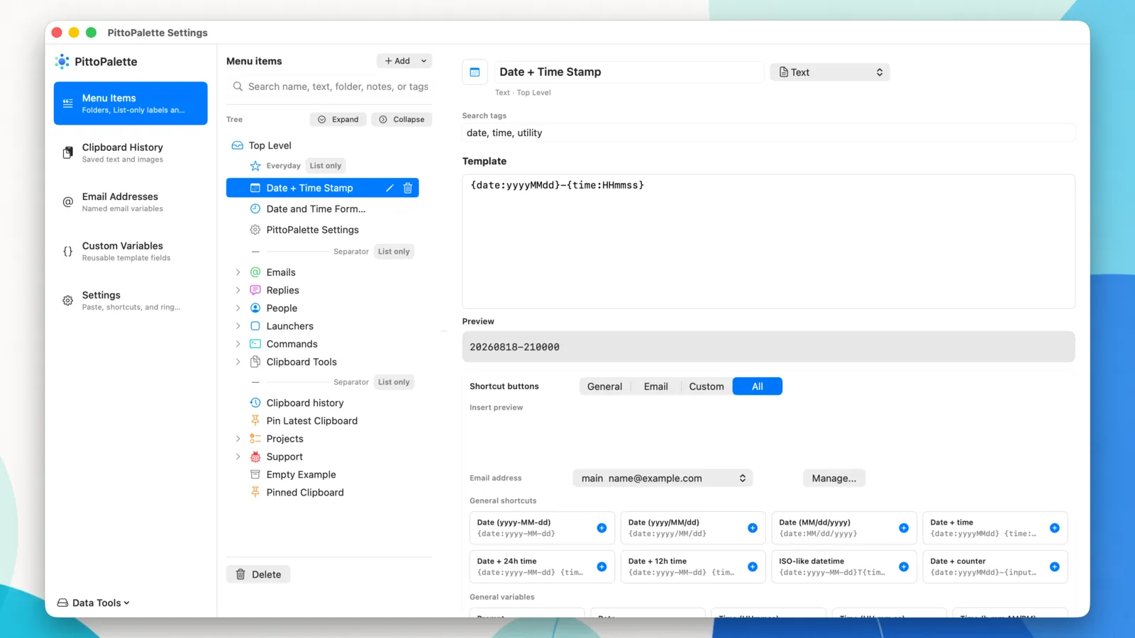 The workspace manager organises items into folders, labels, and variable templates.